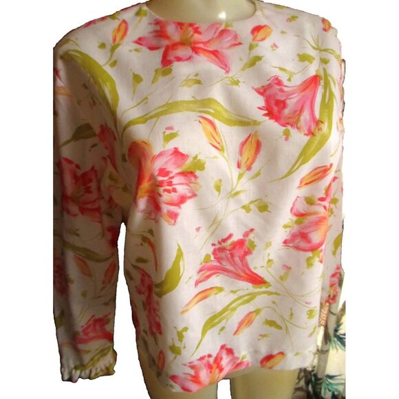 M True Vintage Floral Print Long Sleeve Blouse With Back Zipper & Ruffled Cuffs - Picture 2 of 5